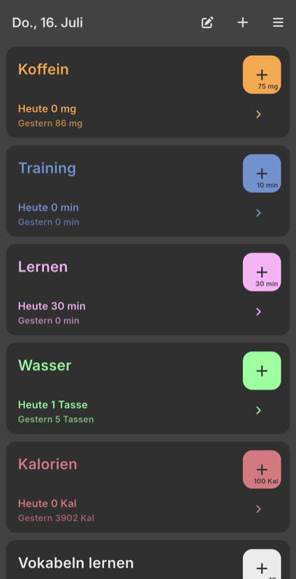 Zählerliste mit den Summen von heute und gestern für Koffein, Sport, Lernen und Wasser