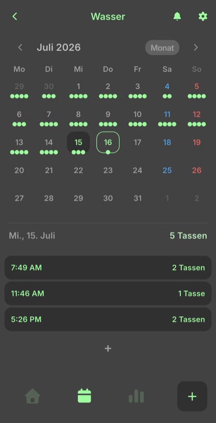 Monatskalender mit markierten Tagen und den Einträgen des gewählten Tages