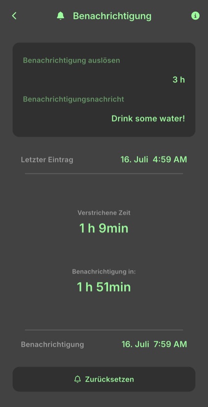 Erinnerungseinstellungen mit Intervall, Nachricht und Zeit bis zur nächsten Meldung