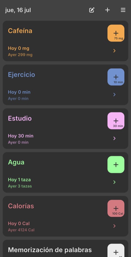 Lista de contadores con los totales de hoy y ayer de cafeína, ejercicio, estudio y agua