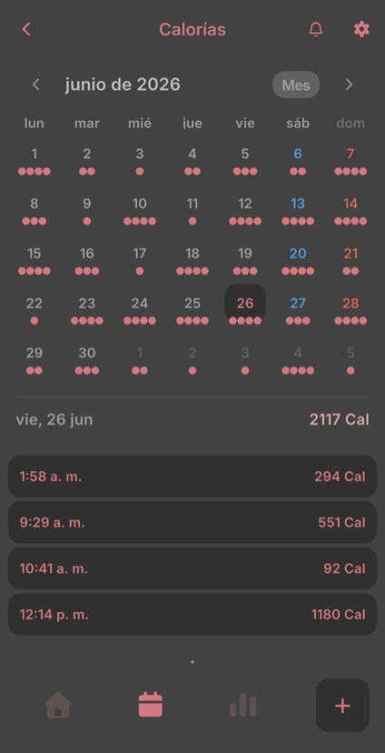 Calendario mensual que marca los días con registros y las entradas del día elegido