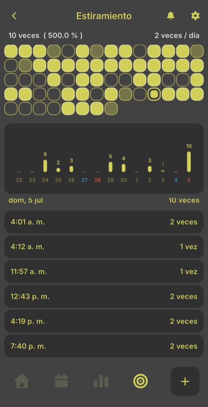 Pantalla de objetivos con cuadrícula de logros, porcentaje diario y registros