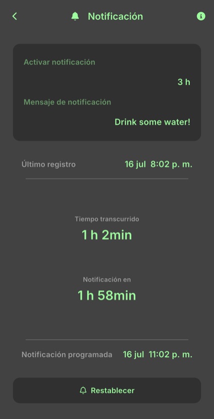 Ajustes de recordatorio con el intervalo, el mensaje y el tiempo hasta el próximo aviso