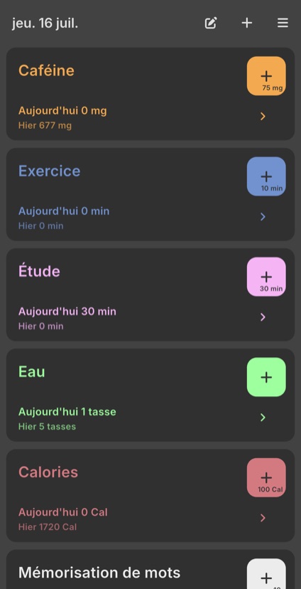 Liste des compteurs avec les totaux d'aujourd'hui et d'hier pour caféine, sport, étude et eau