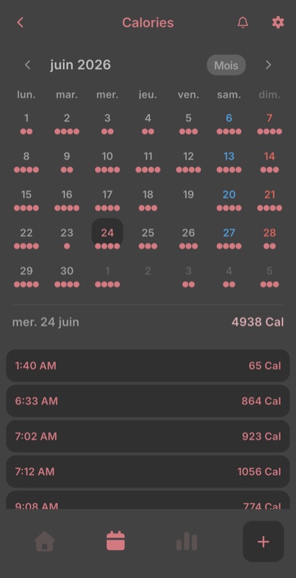 Calendrier mensuel indiquant les jours enregistrés et les entrées du jour choisi