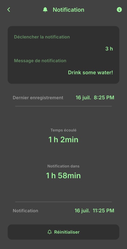 Réglages de rappel avec l'intervalle, le message et le temps avant la prochaine notification