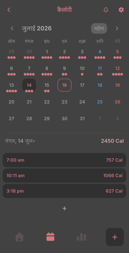 मासिक कैलेंडर जिसमें रिकॉर्ड वाले दिन और चुने गए दिन की प्रविष्टियाँ दिखती हैं