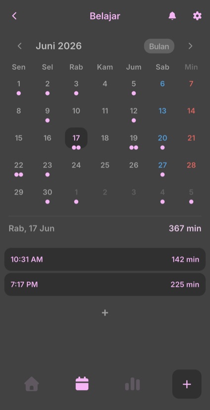 Kalender bulanan yang menandai hari bercatatan dan entri hari yang dipilih