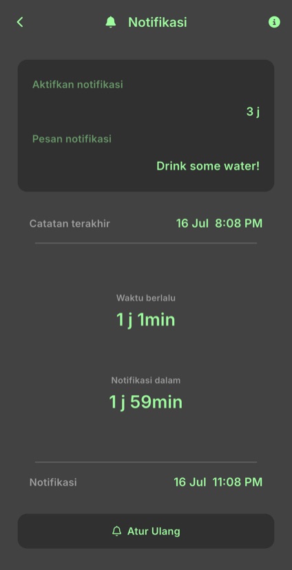 Pengaturan pengingat berisi interval, pesan, dan waktu menuju notifikasi berikutnya