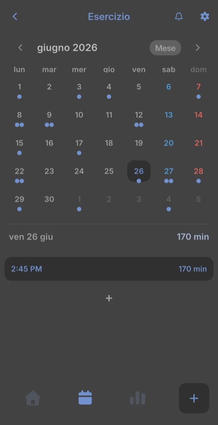 Calendario mensile con i giorni registrati e le voci del giorno selezionato