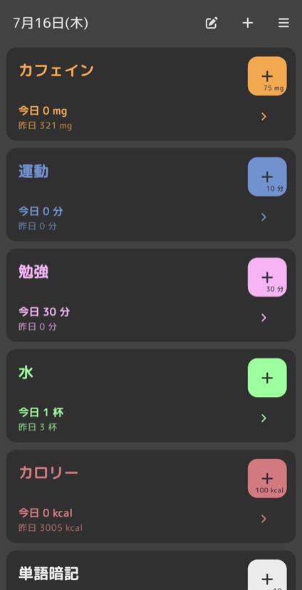 カフェイン・運動・勉強・水分の今日と昨日の記録が並ぶカウンター一覧画面