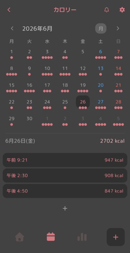 記録のある日付が示された月間カレンダーと選択した日の記録一覧