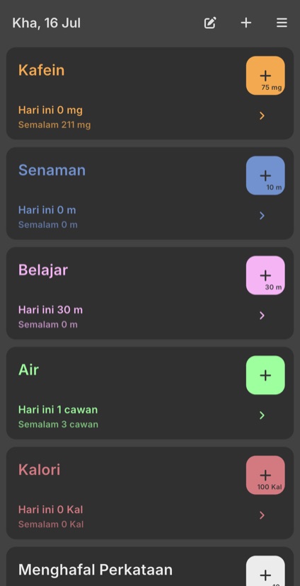 Senarai pengira dengan jumlah hari ini dan semalam bagi kafein, senaman, belajar dan air