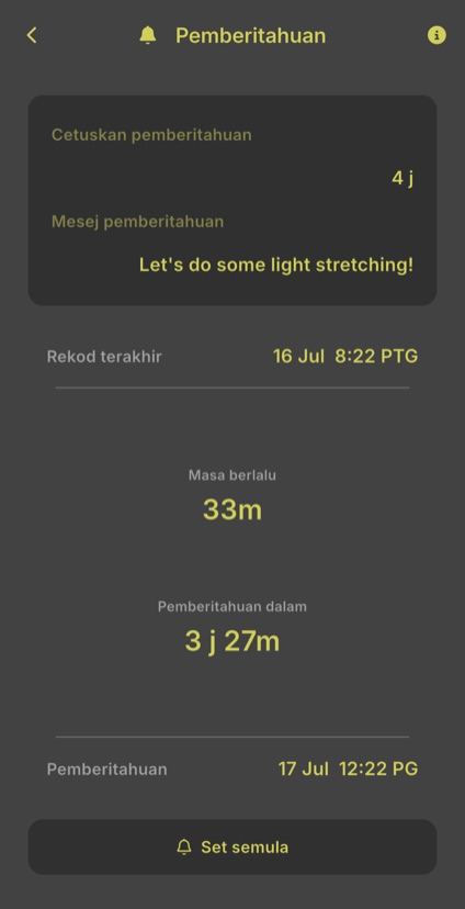Tetapan peringatan dengan selang masa, mesej dan masa ke pemberitahuan seterusnya