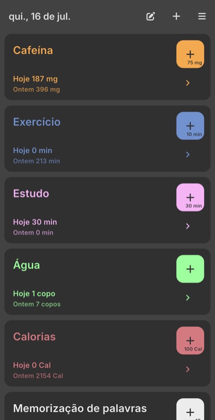 Lista de contadores com os totais de hoje e ontem de cafeína, exercício, estudo e água