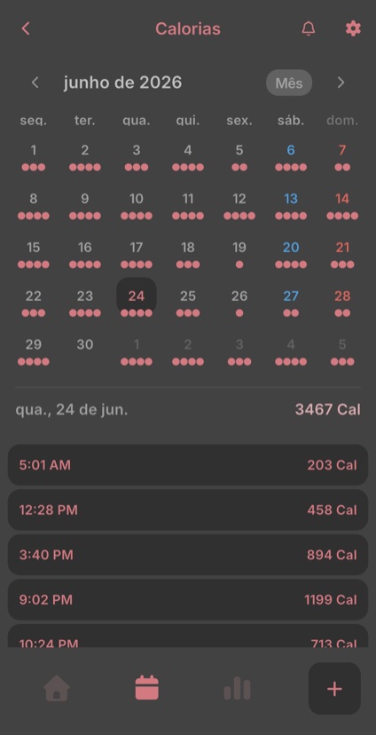Calendário mensal marcando os dias com registros e as entradas do dia escolhido