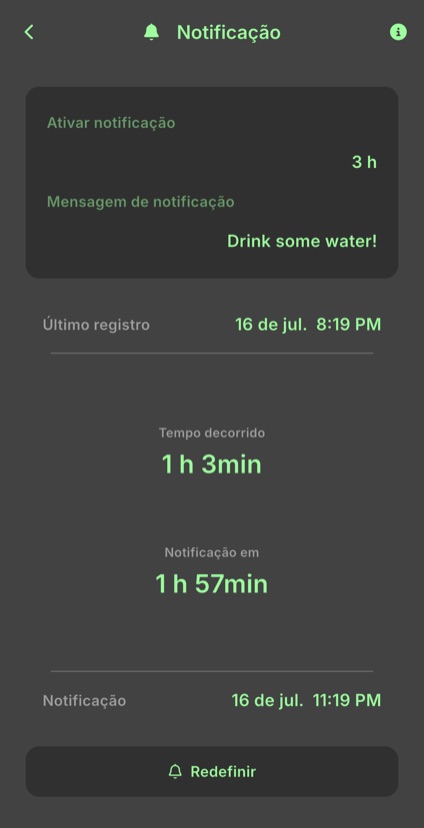 Ajustes de lembrete com o intervalo, a mensagem e o tempo até o próximo aviso